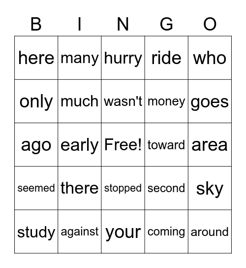 High Frequency Words #9 Bingo Card
