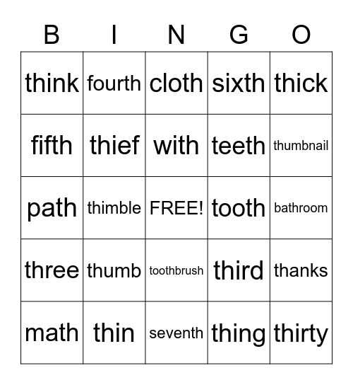 TH Sound Bingo with clues Bingo Card