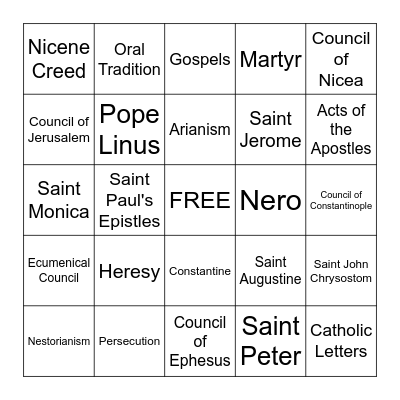 Early Church Bingo Card