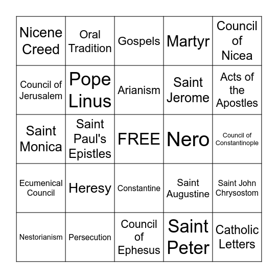 Early Church Bingo Card