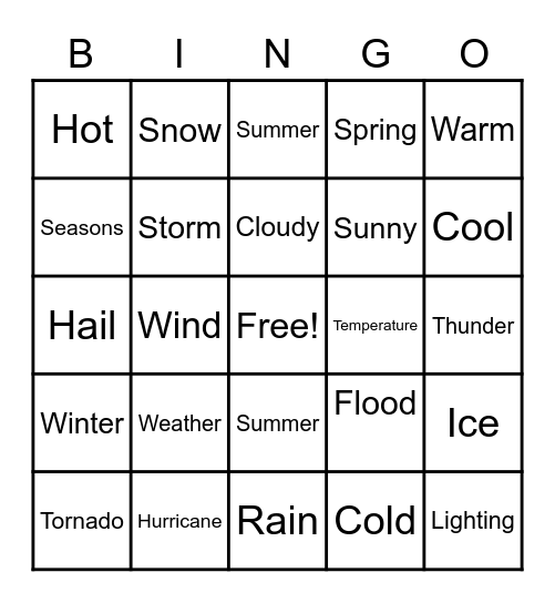 ASL Weather Signs Bingo Card