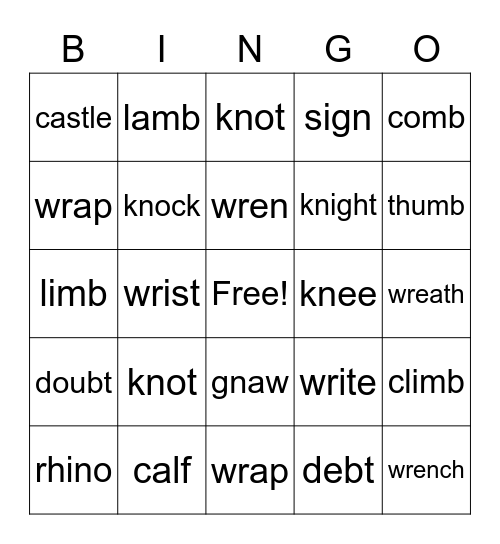 Silent Letters Bingo Card