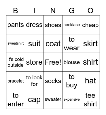 CLOTHES, SHOPPING & GIFTS Bingo Card