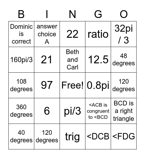 Modeling with Geometry Bingo Card