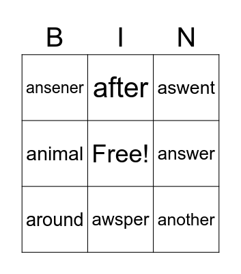 A-Starting Words Bingo Card