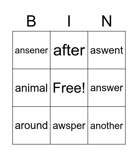 A-Starting Words Bingo Card
