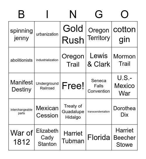 Westward Expansion, Reform, & Industrialization Bingo Card