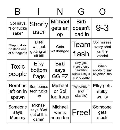 Valorant Bingo Card