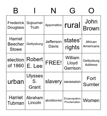 Civil War Bingo Card