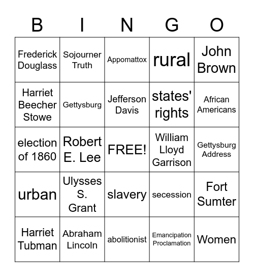 Civil War Bingo Card