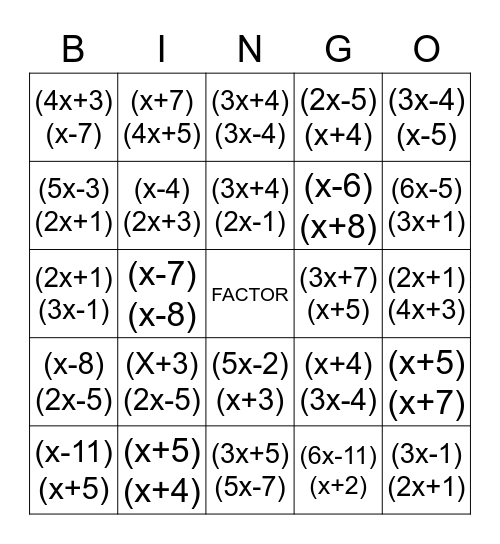 FACTORING BINGO Card