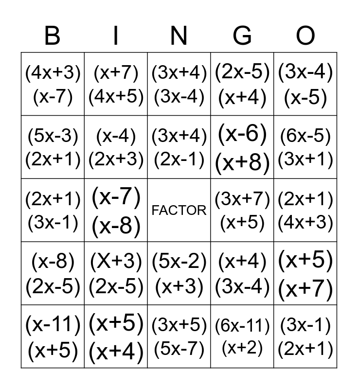 FACTORING BINGO Card