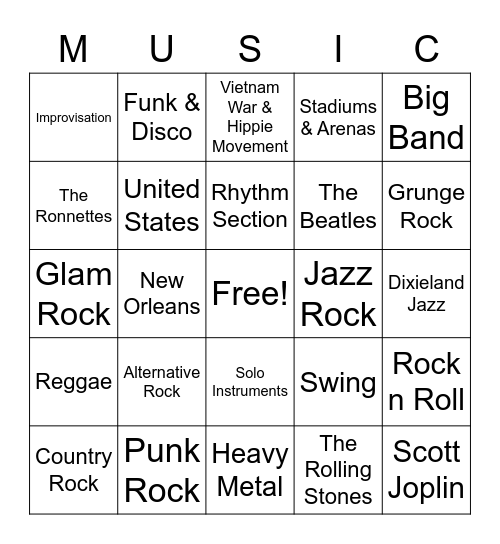 Jazz & Rock Bingo Card