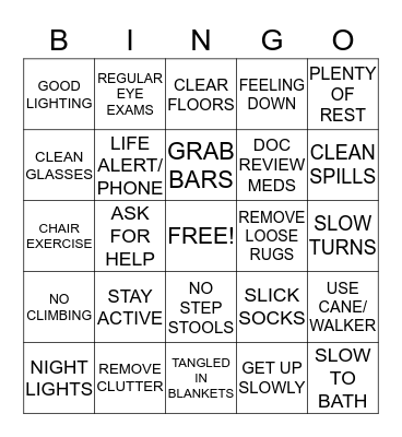 Falls Prevention Bingo Card