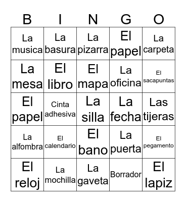 Spanish Classroom Objects Bingo Card
