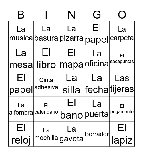 Spanish Classroom Objects Bingo Card