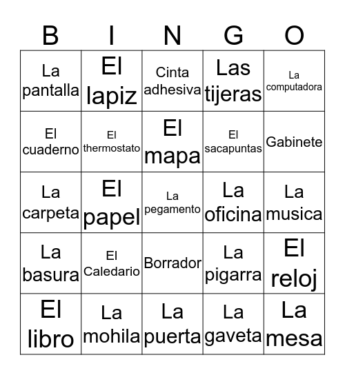 Spanish classroom objects  Bingo Card