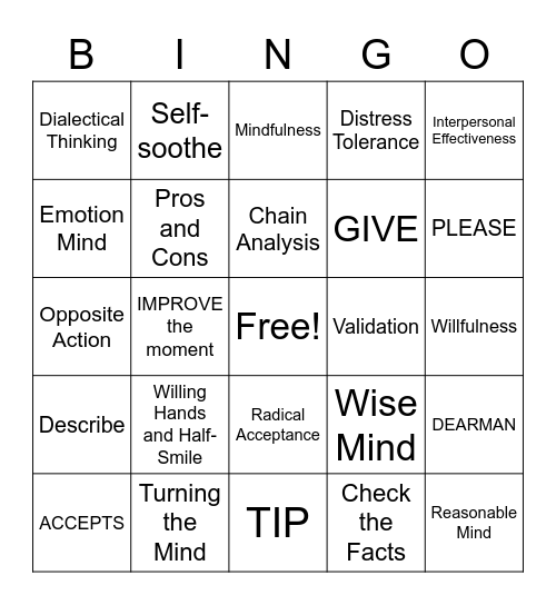 DBT Skills Bingo! Bingo Card