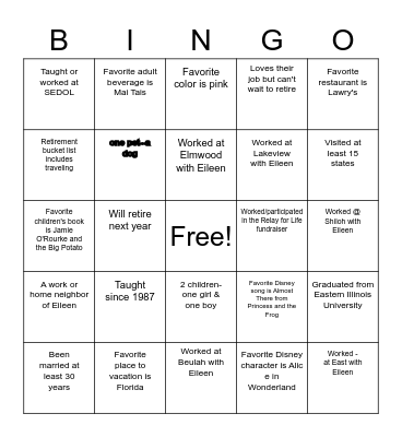 Eileen's Retirement Bingo Card