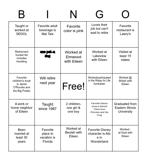 Eileen's Retirement Bingo Card