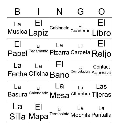 Spanish classroom objects Bingo Card