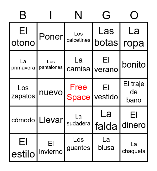 Clothing Vocab Bingo Card