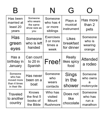 Get to Know You Bingo Card