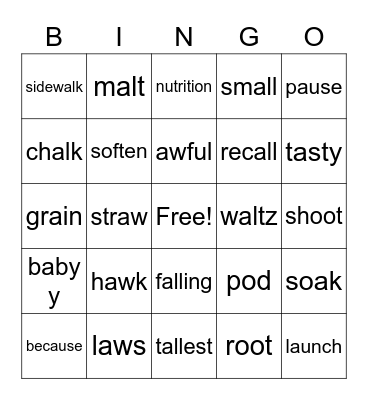 Spelling/Vocabulary Bingo Card