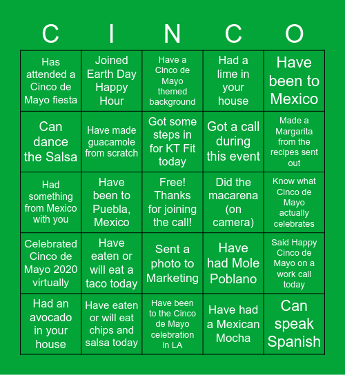 Kelly Telecom Cinco Bingo Card