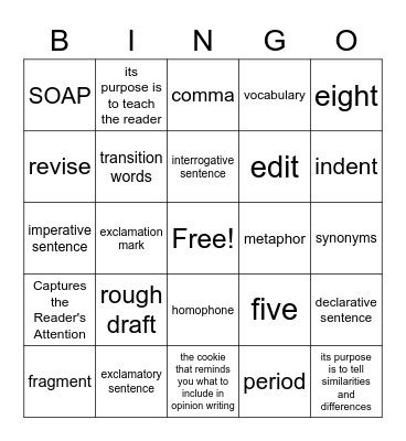 Writing Skills Bingo Card