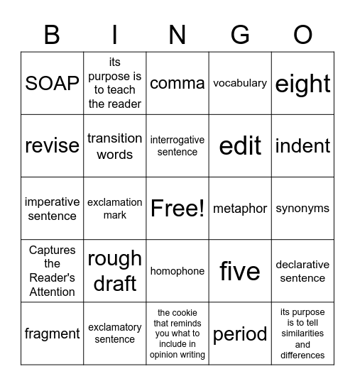 Writing Skills Bingo Card