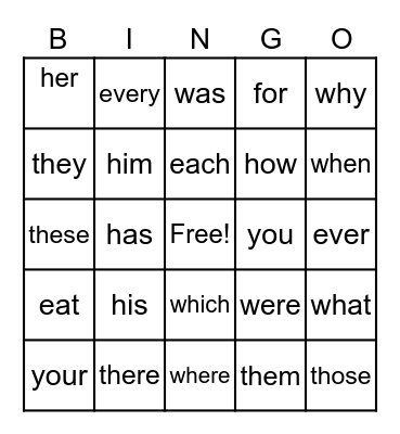 sight words Bingo Card