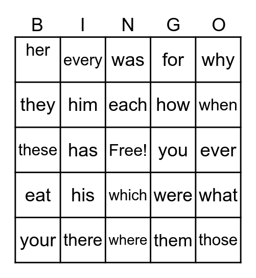 sight words Bingo Card