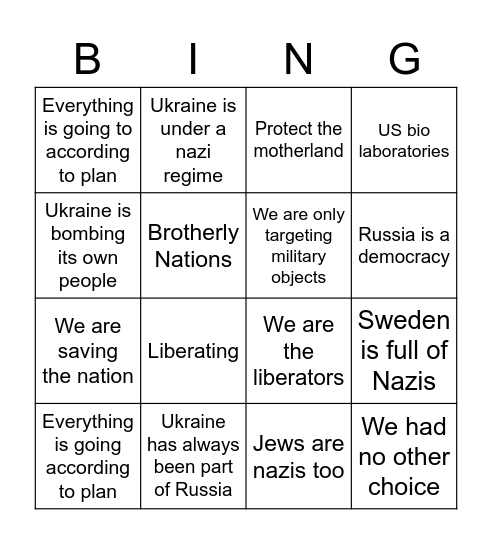 Russia Propaganda Bingo Card