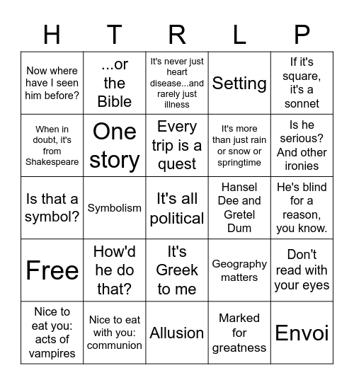 How to Read Literature Like a Professor Bingo Card