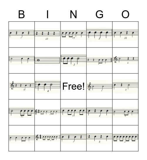 Rhythm Reading Bingo Card