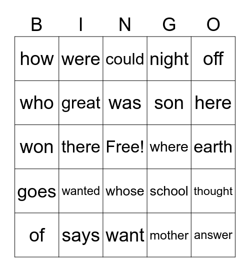 Trick Words Bingo Card