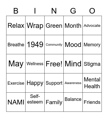 Mental Health Month Bingo Card