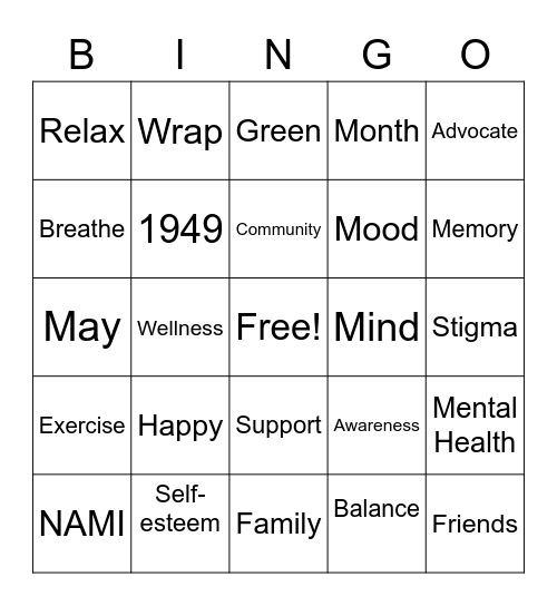 Mental Health Month Bingo Card