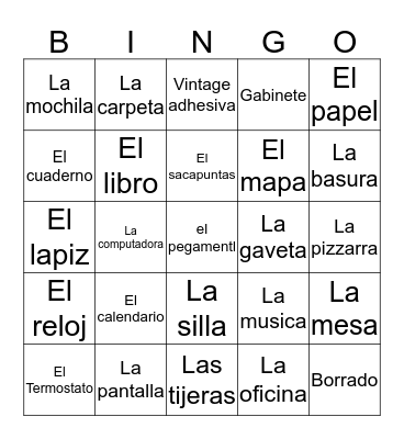 Spanish classroom objects Bingo Card