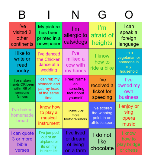 I WANT TO GET TO KNOW YOU Bingo Card