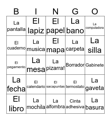 Spanish classroom objects  Bingo Card