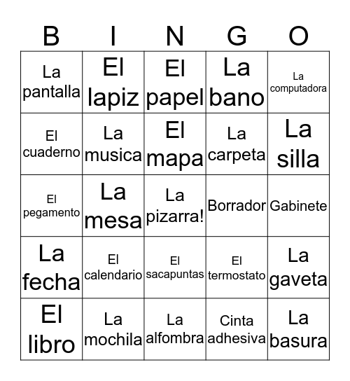 Spanish classroom objects  Bingo Card