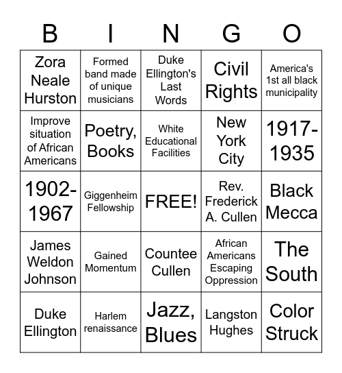 The Harlem Renaissance Bingo Card