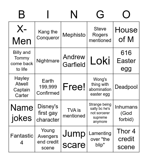 Doctor Strange Multiverse of Madness Bingo Card