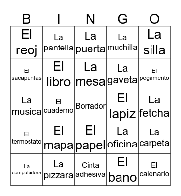 Spanish classroom objects Bingo Card