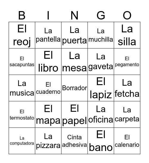 Spanish classroom objects Bingo Card