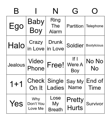 Beyonce Bingo Card