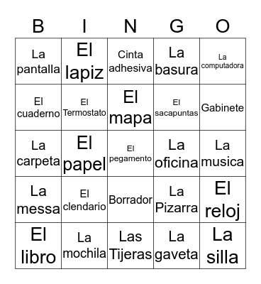 Spanish classroom objects  Bingo Card