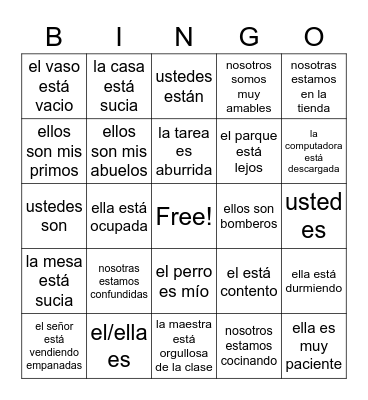 Ser y Estar Bingo Card